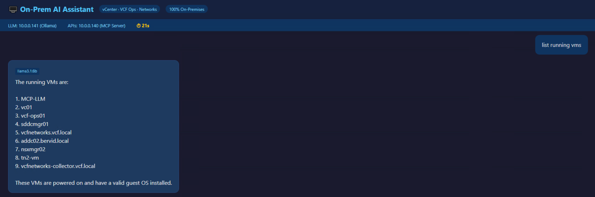 Running VMs response in 21 seconds
