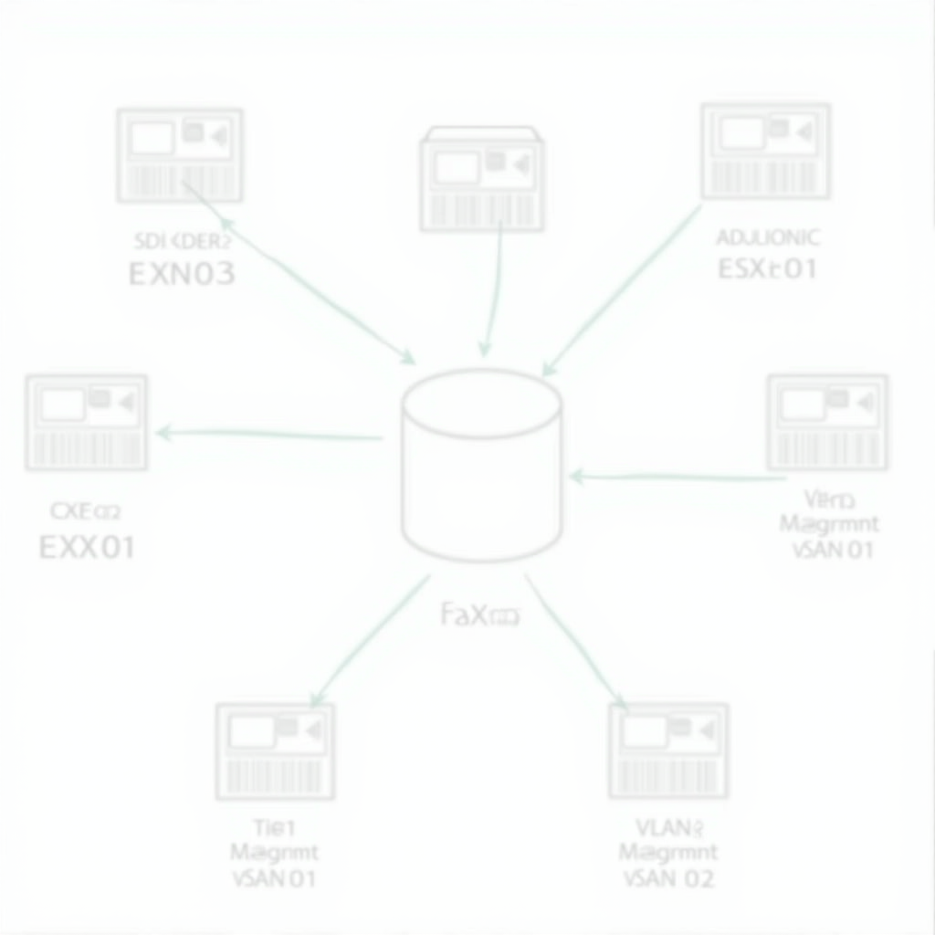 A FLUX-generated datacenter diagram: seven server boxes with garbled labels and arrows that connect nothing