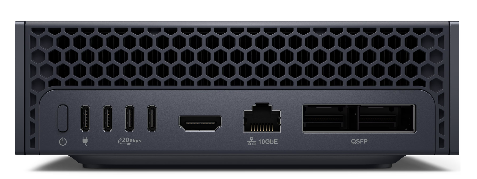 The Dell Pro Max GB10 front panel — 4× USB-C at 20 Gbps, HDMI, 10 GbE, and a QSFP port for high-speed networking