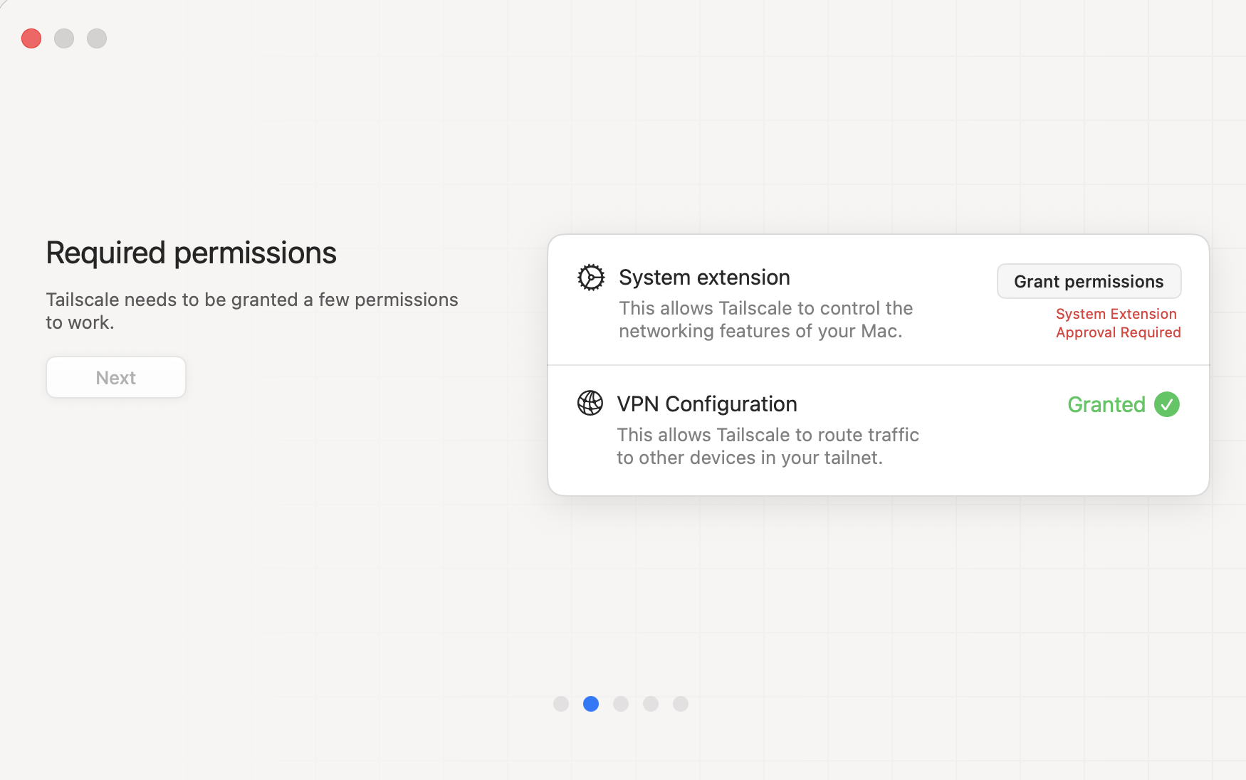 Tailscale requesting system extension and VPN configuration permissions on macOS