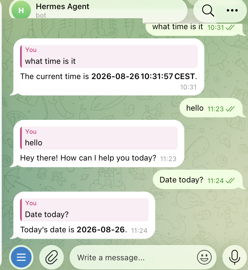 Chatting with the Hermes Agent over Telegram, answered by the local 120B model