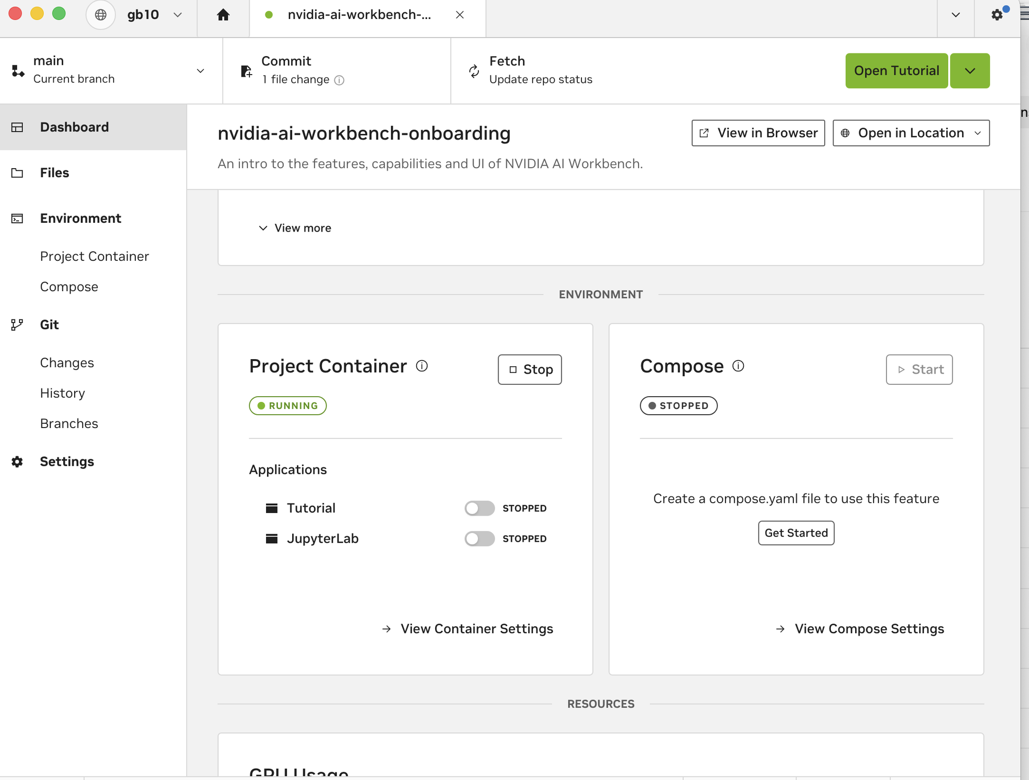 An NVIDIA AI Workbench project running in a container on the gb10 location