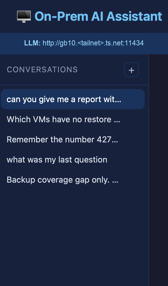 Past conversations listed down the left, titled by their first question