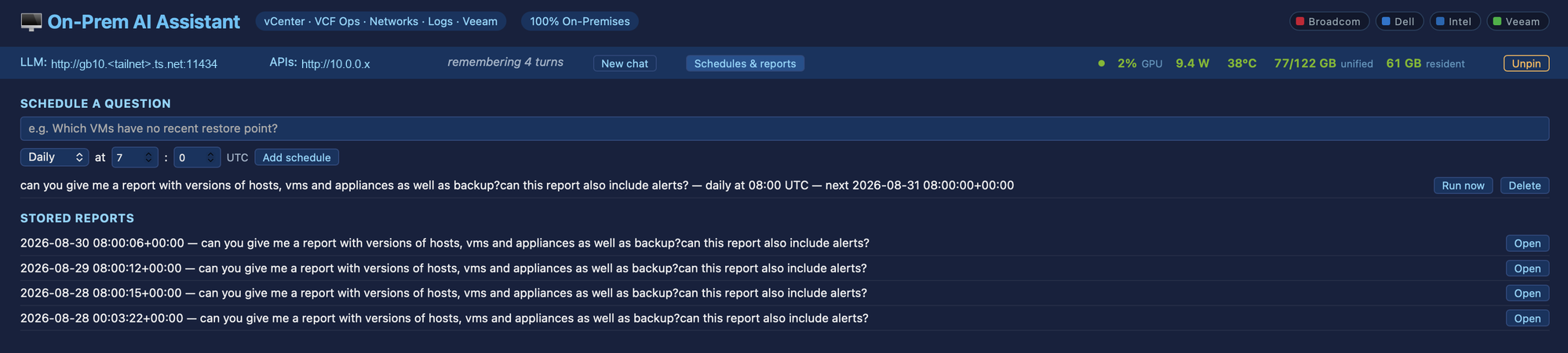 The schedules panel: one daily job at 08:00 UTC and the reports it has produced, each stored and reopenable