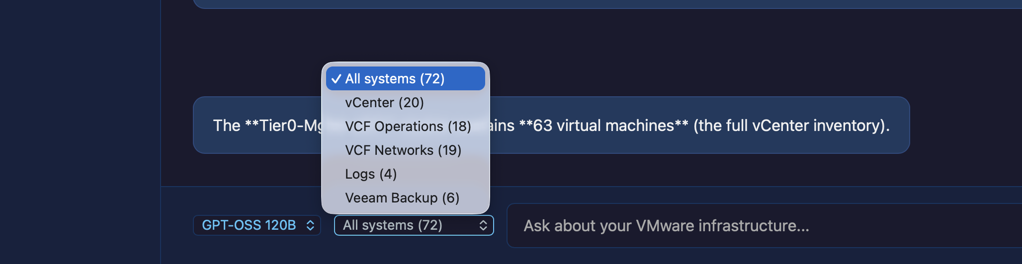 The scope selector, showing how the seventy-two tools divide across the five systems