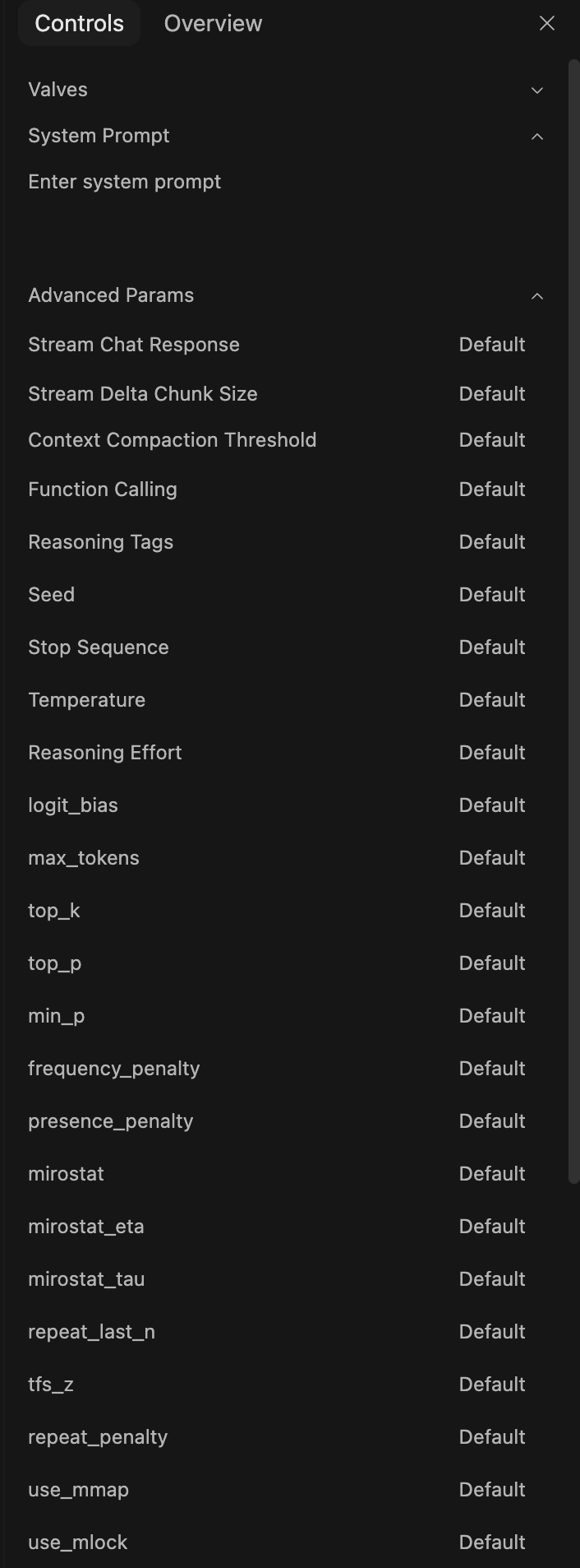 Open WebUI’s advanced parameter panel, every value at Default
