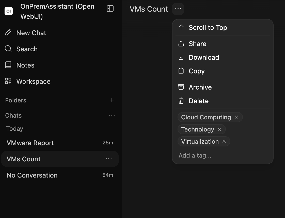The chat menu, with share, download, archive and tagging