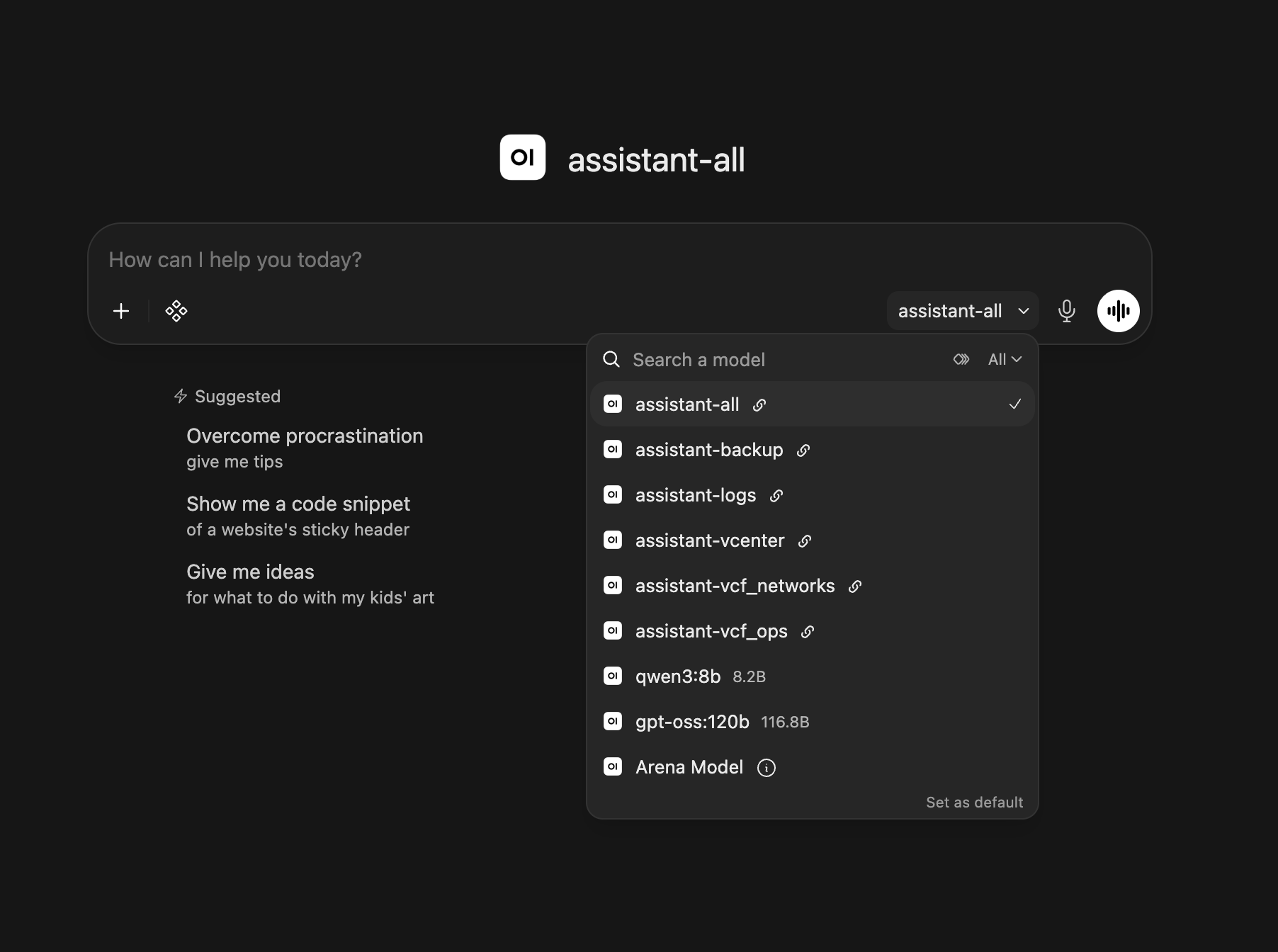 The Open WebUI model picker, listing per-system assistants alongside the raw models