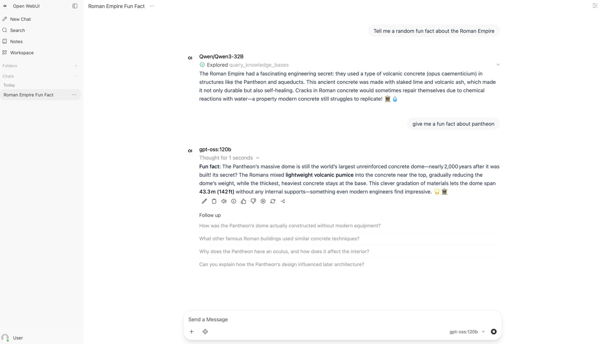 Open WebUI with both models available in the same conversation
