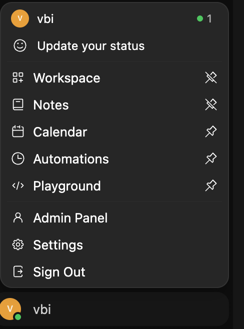 The Open WebUI user menu, showing the admin panel and workspace sections