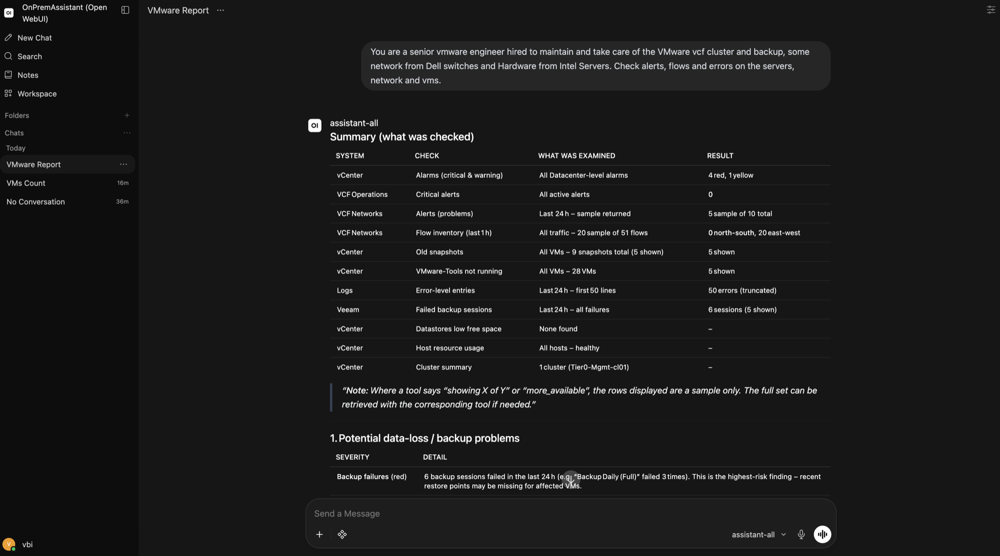 Open WebUI running a VMware health report through the MCP tools